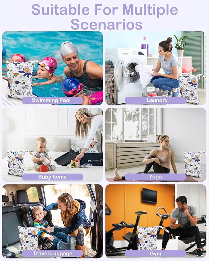 ALVABABY 3 Cloth Diaper Wet Dry Bags Waterproof Reusable with Two Zippered Pockets Travel Beach Pool Daycare Soiled Baby Items Yoga Gym Bag for Swimsuits or Wet Clothes Small Medium Large 3L-ZM28