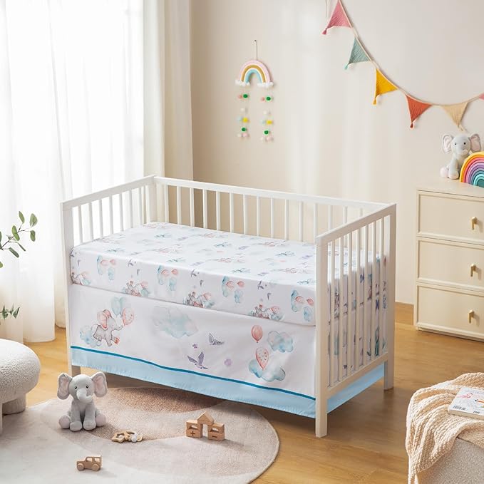 4 Piece Crib Bedding Set for Boys Girls, Infant Toddler Nursery Baby Bedding Sets Includes Cartoon Quilt, Fitted Crib Sheet, Crib Skirt and Plush Elephant Toy