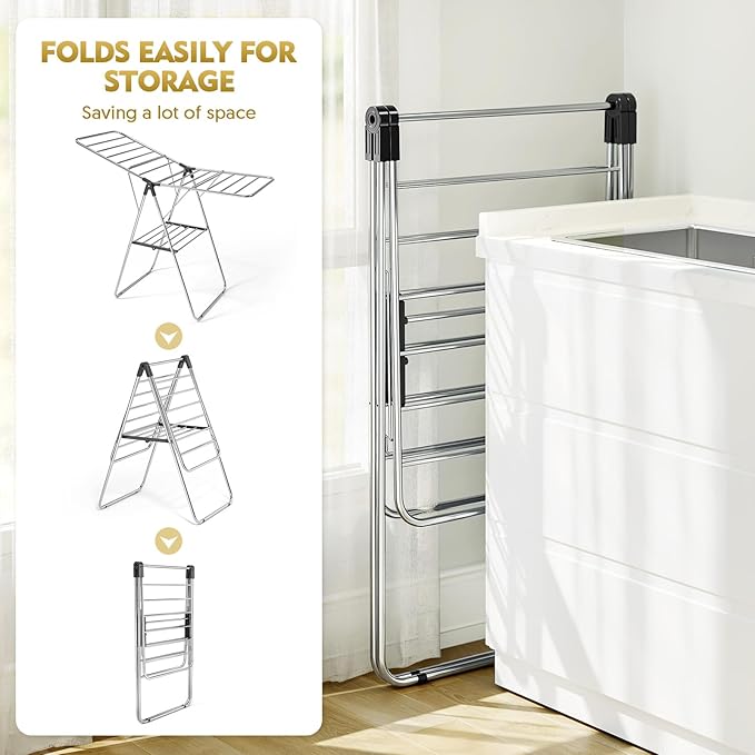 APEXCHASER Clothes Drying Rack, Drying Rack Clothing with Height-Adjustable, Foldable Gullwings Laundry Rack, Indoor Outdoor Use, No Assembly,Black