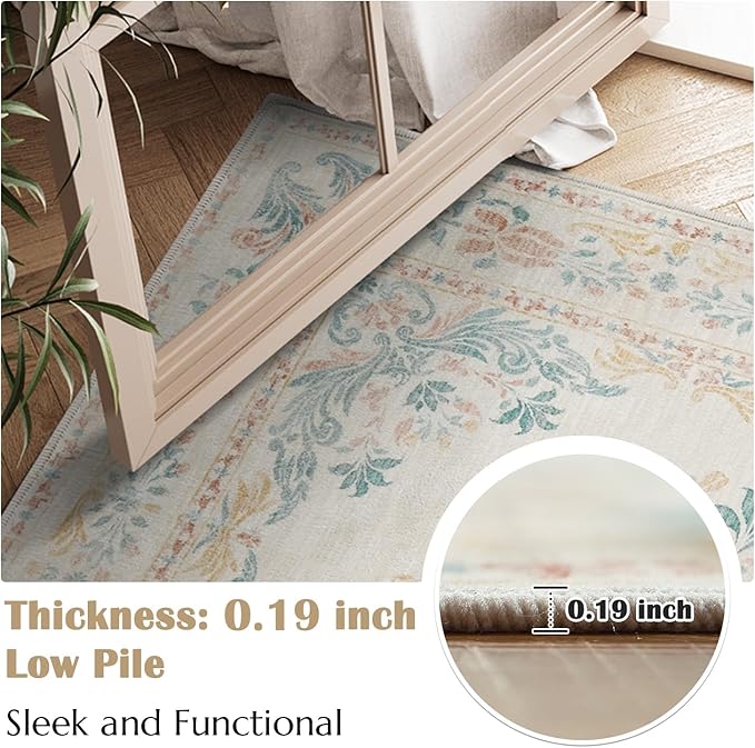 jinchan Hallway Runner Rug 2x8 Vintage Floral Distressed Design - Machine Washable Non-Slip Low-Pile Soft Thin Faux Wool Kitchen Carpet for Farmhouse Bedroom Laundry Room(2x8ft,Apricot Multi)