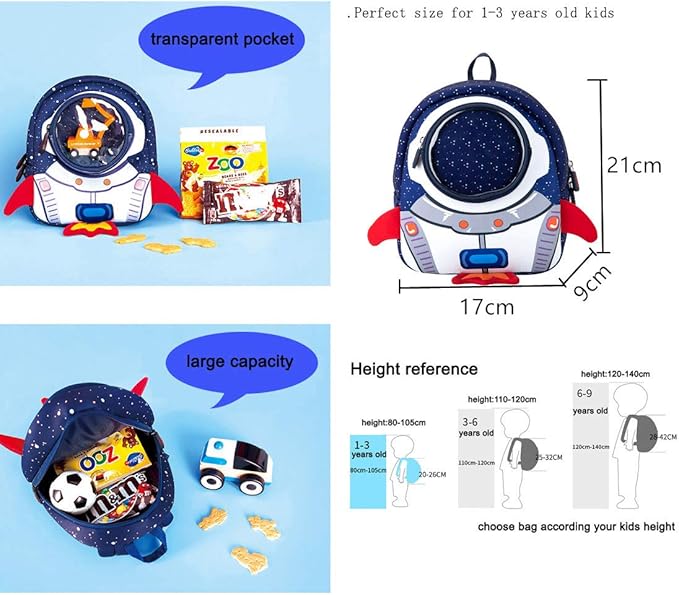 JiePai Rocket Toddler Kids Backpack with Harness Leash for Boys Girls Age 1-3