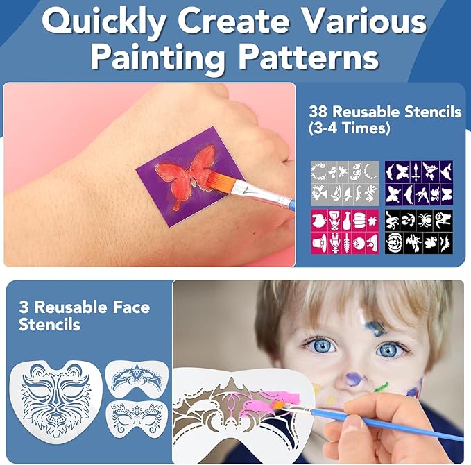 Face Painting Kit For Kids Party,22 Colors Face Paint Kit Includes Paint Tray,Sponges,Brushes and Stencils,Professional Face Painting Kit Non Toxic for Kids and Adults Halloween Makeup