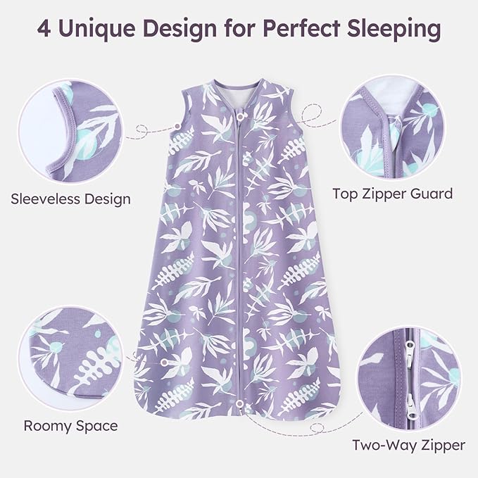 Baby Sleep Sack 0-6 Months 3 Pack 100% Cotton Lightweight 0.5 TOG Wearable Blanket Baby Sleep Bag with 2-Way Zipper for Newborn Infant Purple Leaf