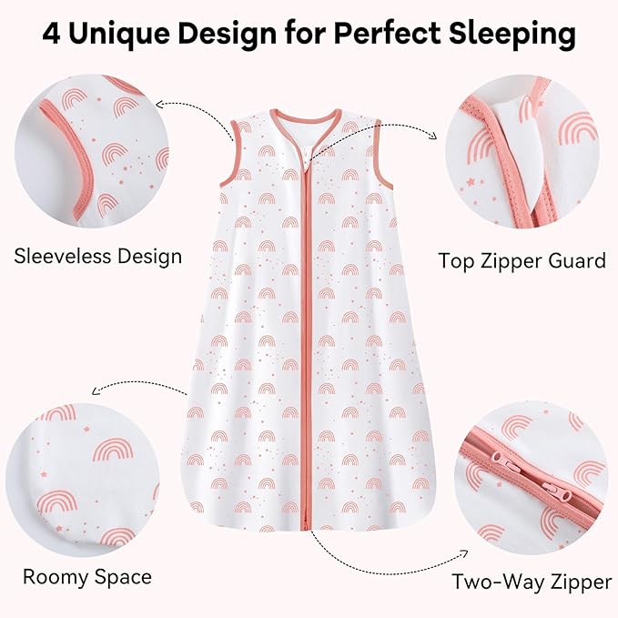 Baby Sleep Sack 12-18 Months 3 Pack 100% Cotton Lightweight 0.5 TOG Wearable Blanket Baby Sleep Bag with 2-Way Zipper for Infant Toddler Pink