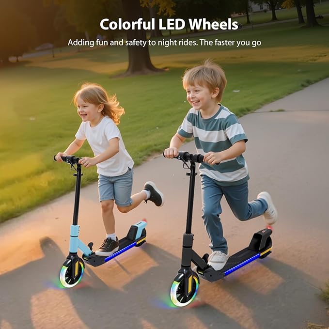 Electric Scooter for Kids Ages 6-12， Max Speed 6.5MPH, max Range 6Miles， with Acceleration Throttle and Electronic Brake， Foldable and Height Adjustable Kids Electric Scooter