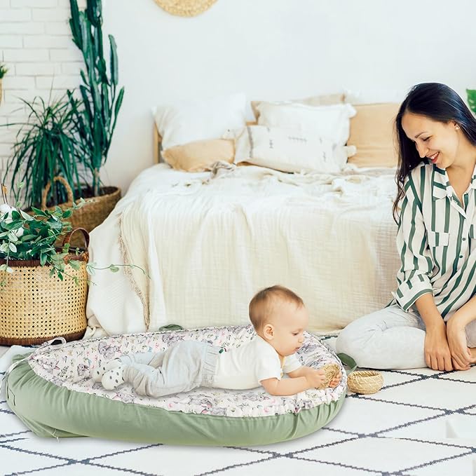 Baby Lounger Cover for Boys Girls, Reversible Baby Nest Cover, Adjustable Baby Lounger Replaceable Cover for Infant Newborn, Portable and Machine Washable, Cotton Green Rabbit Cover Only