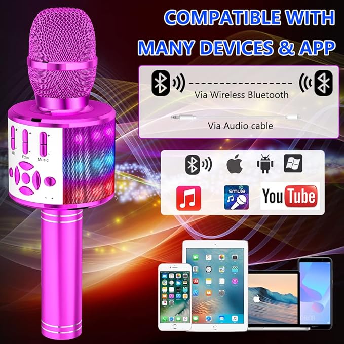 Amazmic Kids Karaoke Microphone Machine Toy Bluetooth Microphone Portable Wireless Karaoke Machine Handheld with LED Lights, Gift for Children Adults Birthday Party, Home KTV(Purple)