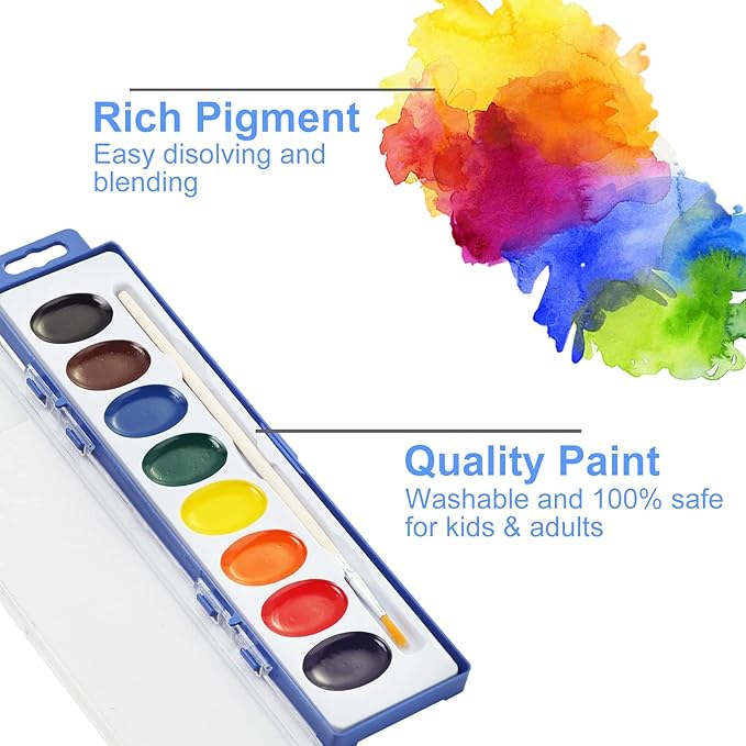 8-Color Watercolor Paint Set for Kids, 36 Pack Washable Watercolors Bulk for Party Favors, Gifts, Classroom Supplies (Wooden Paintbrushes Included)