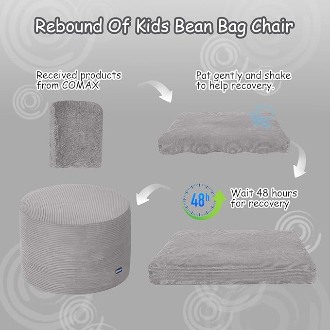 COMAX Kids Bean Bag Chair Turn into Beanbag Bed, Toddler Bean Chair Corduroy for Girl Boy Sleeping, Lazy Children Bean Bags with Filler, Convertible Child Floor Mattress, Light Grey