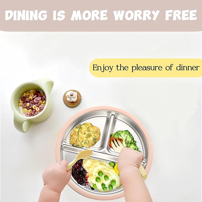 3Pack Stainless Steel Kids Plates, 8.1" Divided Toddler Plates with Removable Silicone Suction Sleeves for Baby Highchairs, Non Toxic BPA Free Non-Slip Unbreakable Snack Lunch Plate