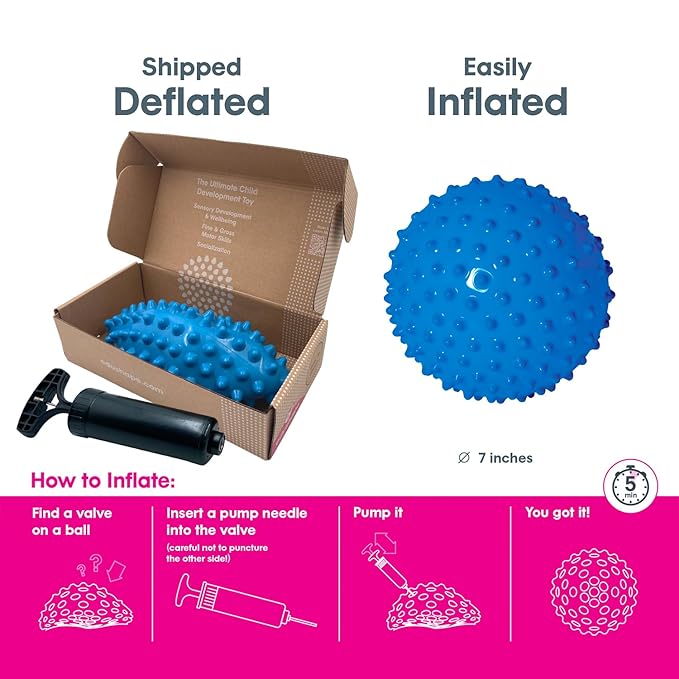 Edushape Original Sensory Ball for Baby - 7" Deflated with Pump, Blue Color, Enhances Gross Motor Skills for Kids 6 Months & Up