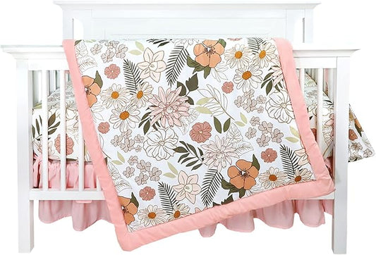 4-Piece Crib Bedding Set for Girls, Pink Baby Girl Bedding Set with Crib Skirt, Baby Quilt, Crib Sheet and Diaper Stacker, Daisy Flower