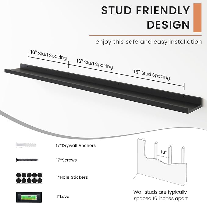 Floating Picture Ledge Shelves for Wall Set of 4, 56 Inch Wall Shelves with Lip Long Large Nursery Book Shelf for Toys Storage Kids Bookshelf Wall Mounted Living Room Bedroom Decor Frames