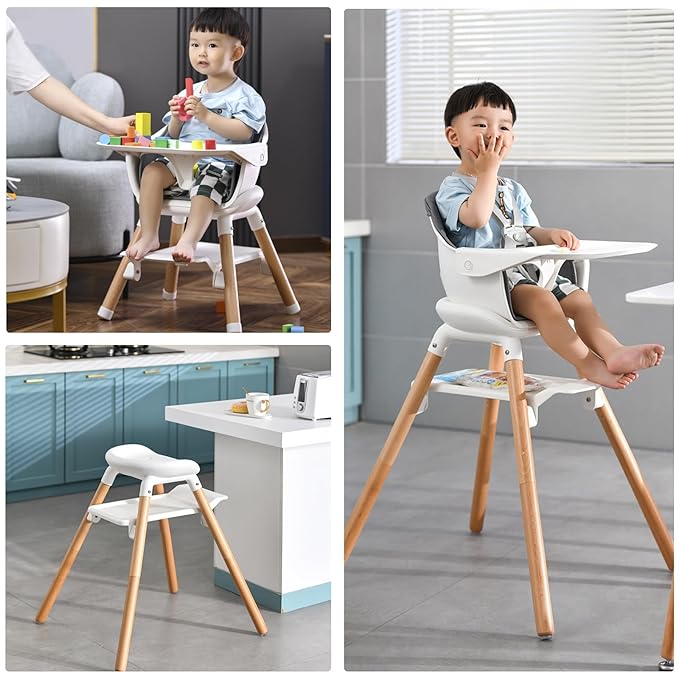 Baby High Chair, 6 in 1 Wooden Convertible High Chairs for Babies and Toddlers, Booster Seat with Double Tray & Reversible Footrest Baby Highchair, 5-Point Harness Baby Feeding Chair, Grey