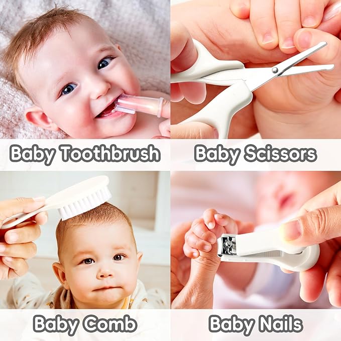 Baby Grooming Kit, Infant Safety Care Set with Hair Brush Comb Nail Clipper Nasal Aspirator,Baby Essentials Kit for Newborn Girls Boys (Grey White)