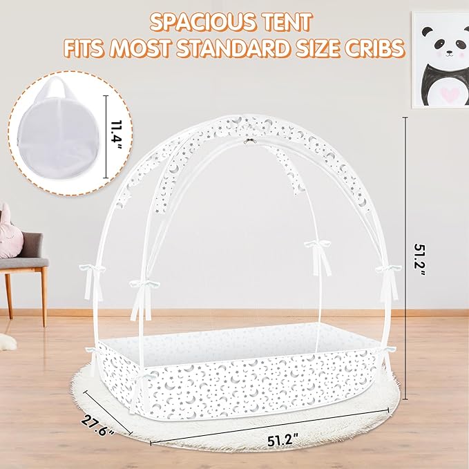 Crib Tent to Keep Baby from Climbing Out - Crib Net to Keep Baby in - Pop Up Breathable Cribs Cover - Canopy with Upgrade Strong Mesh and Durable Zipper (White-Star and Moon, Lager)