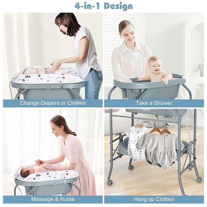HONEY JOY Baby Changing Table with Bathtub, Foldable Infant Diaper Changing Station with Wheels, Storage Tray, Waterproof Pad, Portable Newborn Nursery Organizer Bath Stand for Boys Girls (Gray)