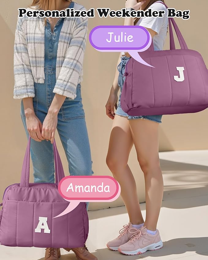 Duffle Bag with Initial, Spend The Night Bags for Women，Sweet Gift-Overnight Bag with Wet Pocket，Lightweight Travel Bags Personalized Gym Tote with Makeup Pouch