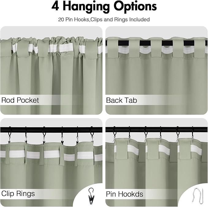 ANRODUO Sage Green Room Darkening Curtains 84 Inch Long 2 Panels Set Thermal Insulated Blackout Drapes with Hooks, Rings, Clips - Light Blocking & Soundproof, Soft Fabric Machine Washable
