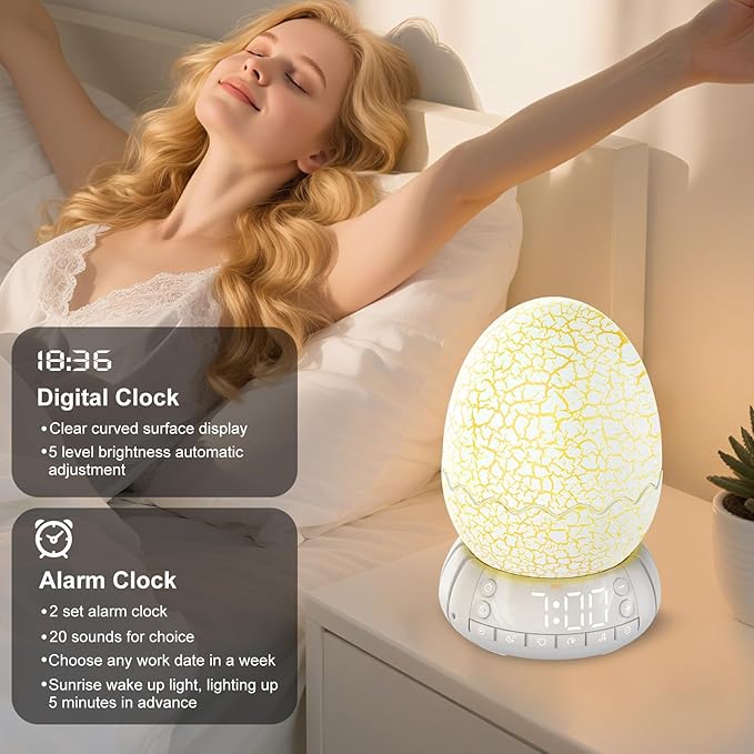 Dinosaur Egg Shape Touch Control Night Light with Pattern Inside, Digital Alarm Clock with Wake Up Light, 20 Soothing Sleep Training Sound and Bluetooth Speaker Box (2025 Style)
