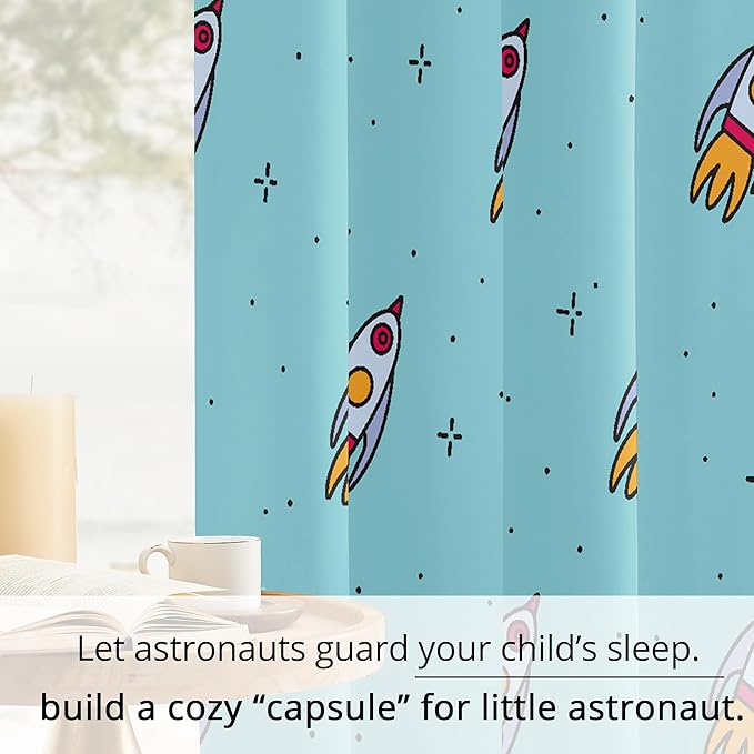 Kids Space Rockets Blackout Curtains - 100% Blackout, Thermal Insulated, Noise Reducing, Perfect for Kids Room and Nursery, 2 Panels (Aqua Mini Rockets, W52×L84)