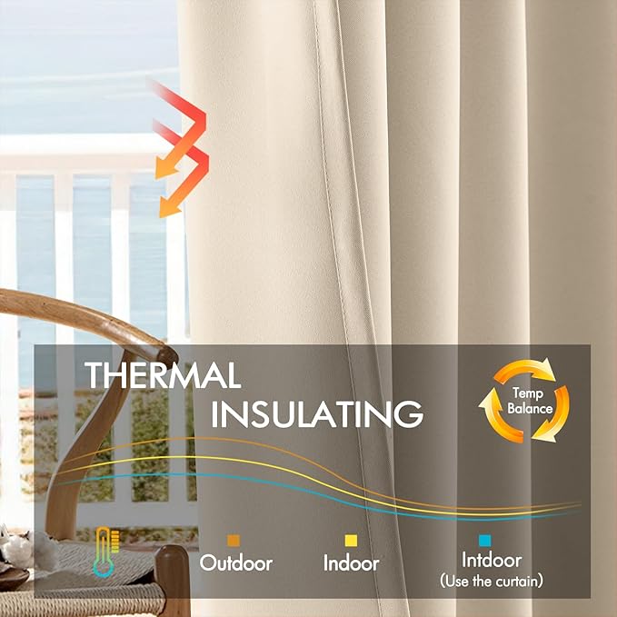 ANRODUO Back Tab Blackout Curtains for Bedroom Living Room, Rod Pocket Pinch Pleated Thermal Insulated Room Darkening Curtains 84 Inches Long 2 Panels, Cream Beige, 42 x 84 Inch