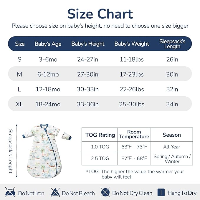 Baby Sleep Sack 3-6 Months, Cotton Detachable Long Sleeve Sleep Sack, 2.5 Tog Toddler Sleeping Sack with Temperature Strips, 2-Way Zipper Wearable Blankets for Newborns, Dinosaur