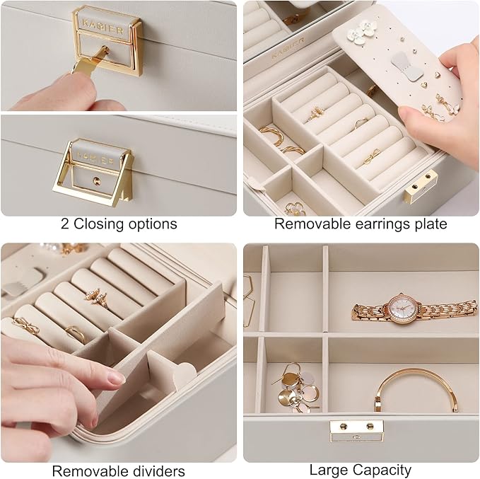 KAMIER Jewelry Box, 2 Layers PU Leather Jewelry Organizer Box, Large Capacity, Double Lock and Large Mirror, Hidden Necklace Hooks, Removable Dividers, Grey
