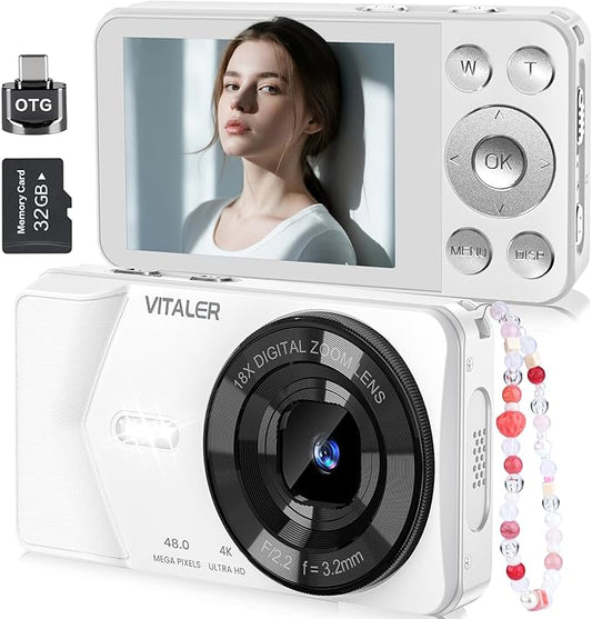 Digital Camera, Autofocus 48MP 4K Camera for Photography with 32GB Card, Portable Compact Point and Shoot Digital Camera for Teens Adult Beginner Kids with Metal Shell, 2000 mAh Battery