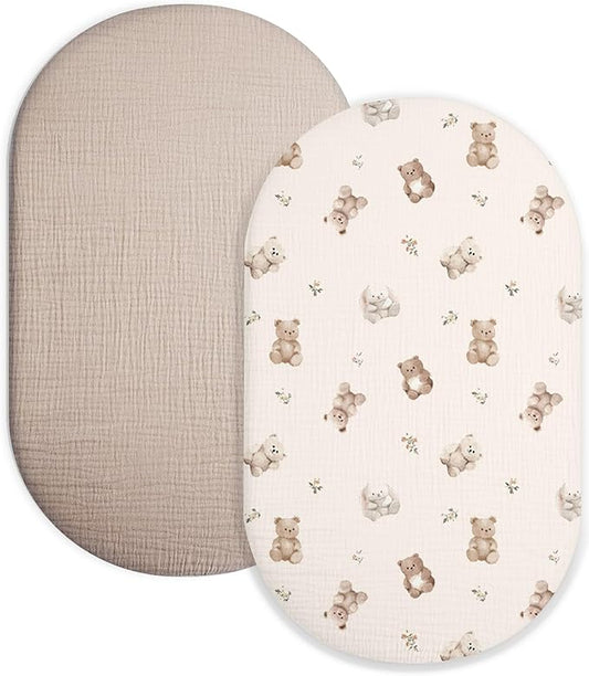 Bassinet Sheet for Baby Boy and Girl 2 Pack, Fitted Sheets for Rectangle, Oval, Hourglass Bassinet Mattress, Muslin Moses Basket Sheets with Neutral Style (Teddy & Friends)