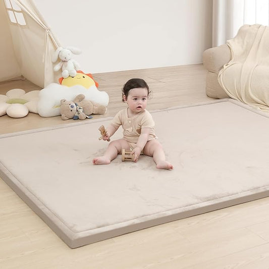 Baby Play Mat for Floor,1.3" Thick Memory foam Tummy Time Mat,79"×158“ Extra Large Soft Coral Velvet Nursery Rug,Non Slip Safe for Crawling,Toddlers,Infants,kids,Tatami Style for Living Room(Beige)