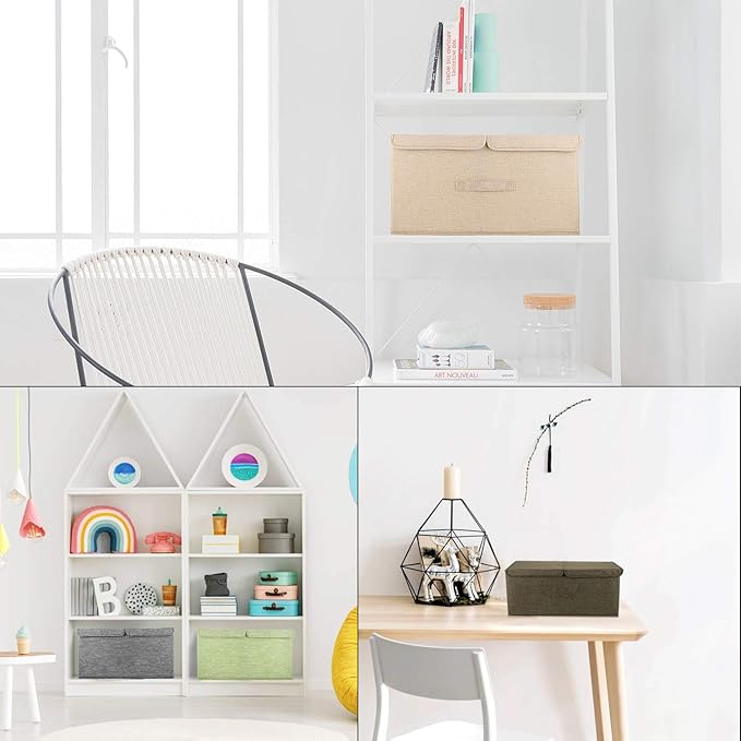 2 Pack Storage Boxes with Lids and Handles, Collapsible Linen Storage Bins Organizer Containers Baskets Cube with Removable Divider for Home Bedroom Closet Office (Cream, Large)