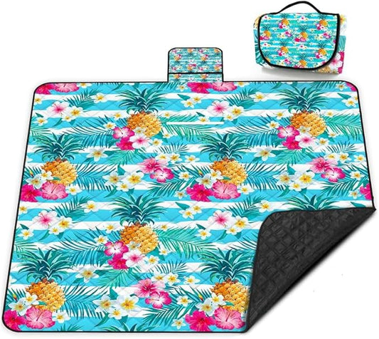 Extra Large Picnic Blanket Waterproof,80"x 80"Foldable Machine Washable Beach Blanket,Outdoor Blanket for 6-8 Adults,Suitable for Indoor Crawling,Park Beach,Camping,Hiking,Family Travel(Pineapple)