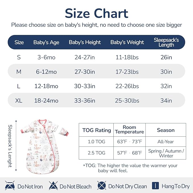 Baby Sleep Sack 6-12 Months, Cotton Detachable Long Sleeve Sleep Sack, 2.5 Tog Toddler Sleeping Sack with Temperature Strips, 2-Way Zipper Wearable Blankets for Newborns, Bunny