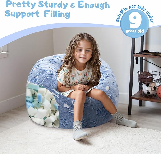 COMAX Kids Bean Bag Chair Turn into Beanbag Bed, Unicorn Toddler Bean Chair for Girl Boy Sleeping, Lazy Children Sofa Couch with Filler, Convertible Child Floor Mattress, Glowing Space