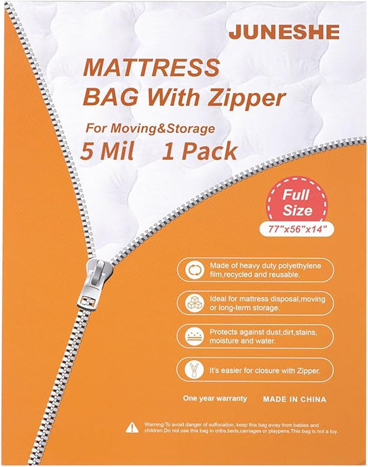 Full Mattress Bag for Moving and Storage Cover -5 Mil Zipper Plastic Waterproof Mattress Storage Bag,77x56x14 inches,1 Pack
