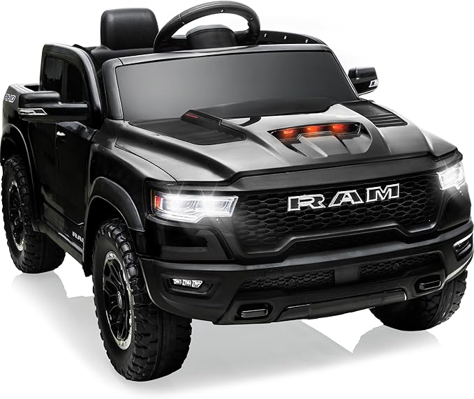 12V Licensed Ram 1500 Ride on Toy for Kids, Toddler Ride on Pickup Truck with Parent Remote Control, Electric Car for Kids with Truck Bed Storage, 3 Point Safety Belt (Black)