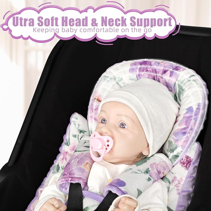 Infant Car Seat Insert, Soft Baby Car Seat Head & Body Support for Girl Boy, Reversible Newborn Preemie Carseat Insert Cushion with 3 Straps Pads Fits CarSeat, Stroller, Swing, Bouncer, Purple Floral
