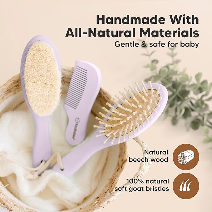 Baby Hair Brush and Comb Set for Newborn - Wooden Baby Hair Brush Set with Soft Goat Bristle, Baby Brush Set for Newborns, Baby Brush and Comb Set Girl, Boy, Toddler Cradle Cap Brush (Oval, Thistle)