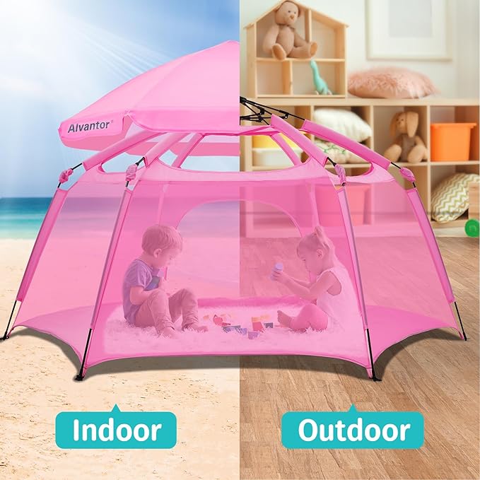Alvantor Pop Up Playpen- 7'x7'x44”Baby Playpen Large Kids Play Tent Portable and Foldable Playpen Indoor/Outdoor Play Yard with Protective Mesh, UV SPF 50+ Sunshade, and Soft Foam Floor, Pink