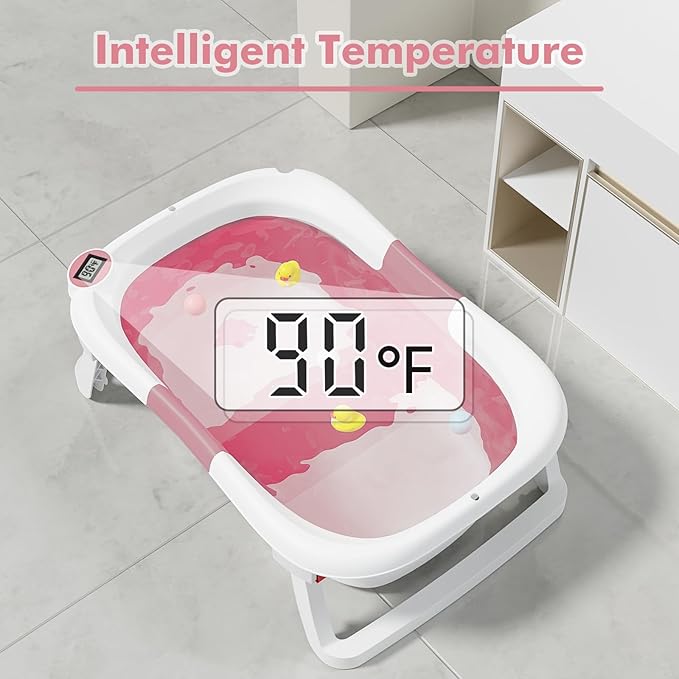 Collapsible Baby Bathtub,Baby Bath Tub with Soft Cushion & Thermometer,Baby Bathtub Newborn to Toddler 0-36 Months,Portable Travel Baby Tub