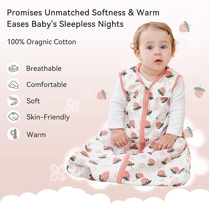 Baby Sleep Sack 6-12 Months 0.5 Tog Wearable Blanket Baby, 3 Pack 100% Cotton Lightweight Sleeping Sack with 2-Way Zipper for Newborn Infant Strawberry