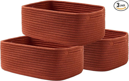 KALLAX Small Woven Basket, 13.5 x 9.5 x 5 Inches, Storage Basket for Organizing, Cute Small Rope Shelf Closet Cube Storage Bins Baskets for Shelves, Dog Toy Gift Baskets Empty, 3 Pack Rust Red