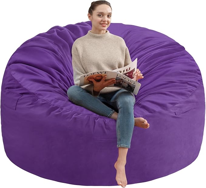 4FT Bean Bag Chair, Large Bean Bag Chairs with Memory Foam Filled, Fluffy Beanbag Sofa with Dutch Velvet Cover, Round BeanBag Chairs for Living Room, Playroom - Purple