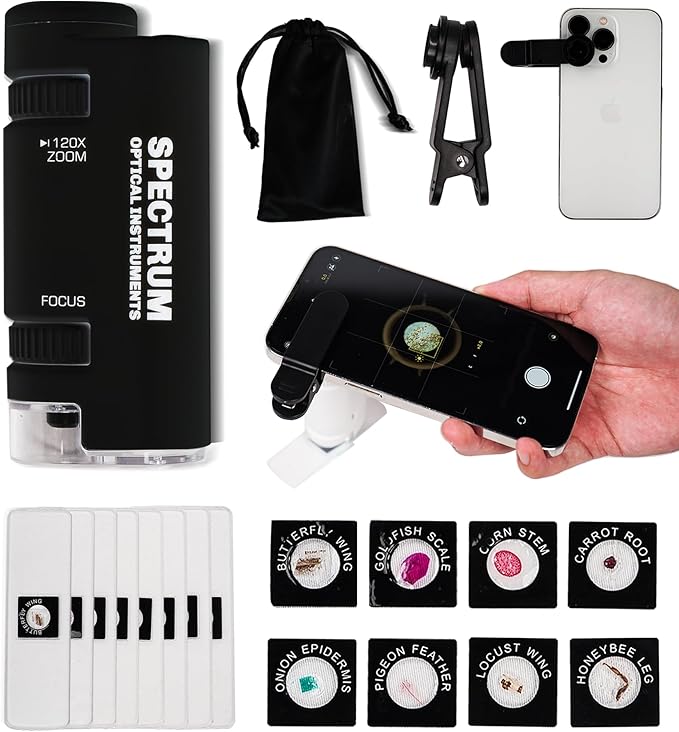 EasyMicro LED Lighted Pocket Microscope 60-120X Magnification Black Color