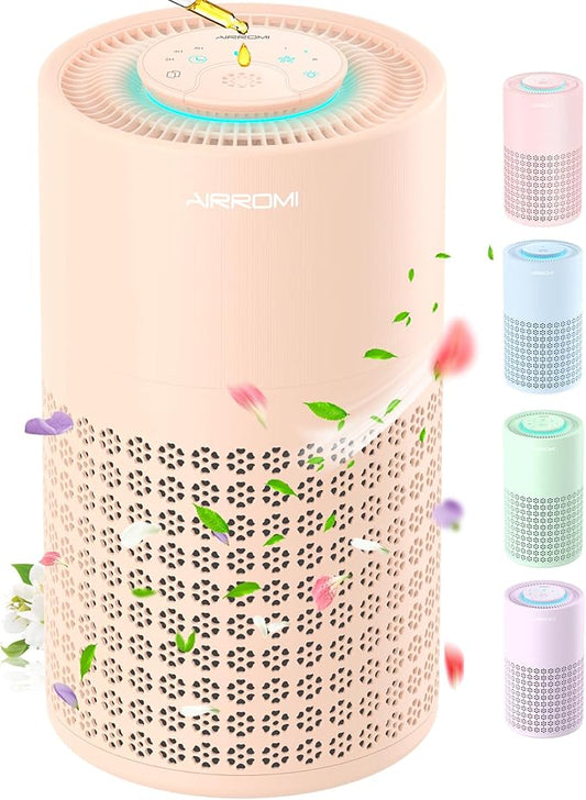 AIRROMI Air Purifier for Bedroom with HEPA 3-in-1 Filter, Pet Air Purifier for Home Cat Pee Smell, Covers Upto 990 Ft², Quiet 360°intake Air Cleaner for pet hair,allergies,Dust,Smoke A2001 Orange