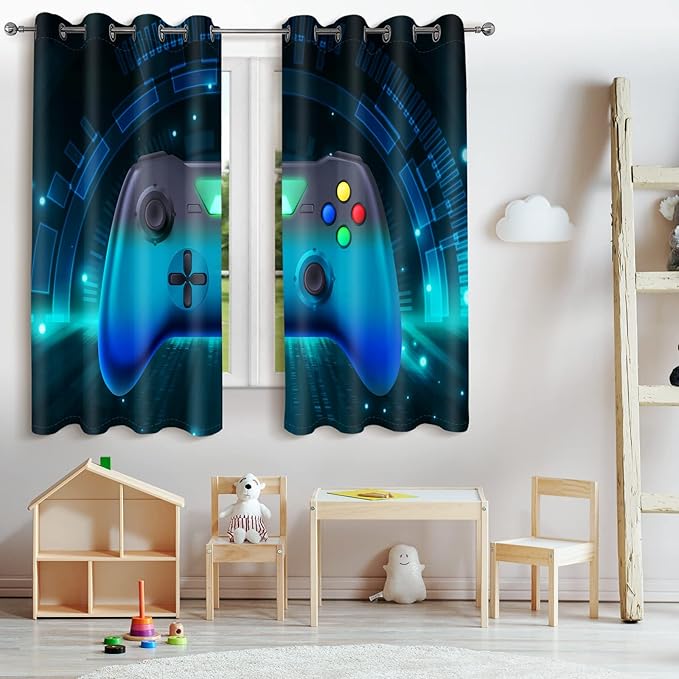 Jekeno Game Controller Blackout Curtains for Kids Boys Teens Bedroom Colorful Video Game Gamer Gaming Gamepad Decor for Home Living Room Grommet Window Drapes 2 Panel Set, 42"x84"