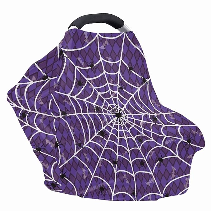 Binienty Halloween Spider Web and Bat Baby Car Seat Canopy Cover Halloween Decoration Nursing Cover for Breastfeeding Carseat Covers for Boy Girls