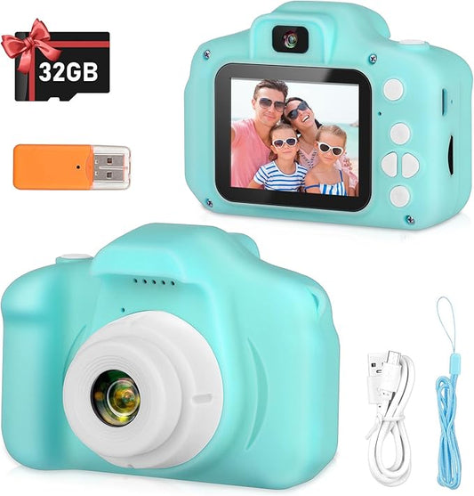 Kids Camera, HD Digital Video Camera, Childrens Toys for 3 4 5 6 7 8 9 Year Old Boys/Girls, Selfie Camera for Kids, Christmas Birthday Gifts with 32GB SD Card (Green)