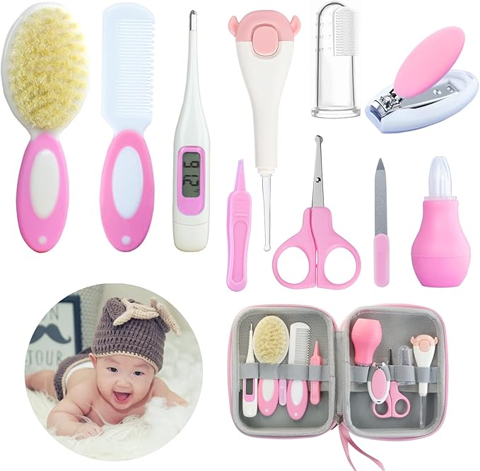 Baby Care Kits,Baby Grooming Kit,10 in 1 Newborn Essentials Must Haves,Baby Nail Clippers Baby Brush Baby Comb Earpick Nose Cleaning Tool Baby Nail File Nursing Baby Kit （Pink）